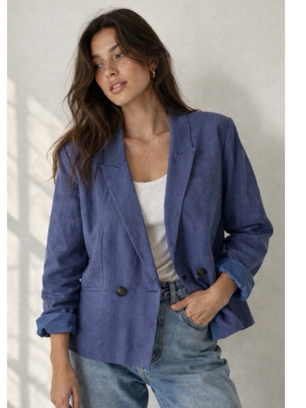 SOLD - Jason Wu Periwinkle Linen Blend Double Breasted Blazer